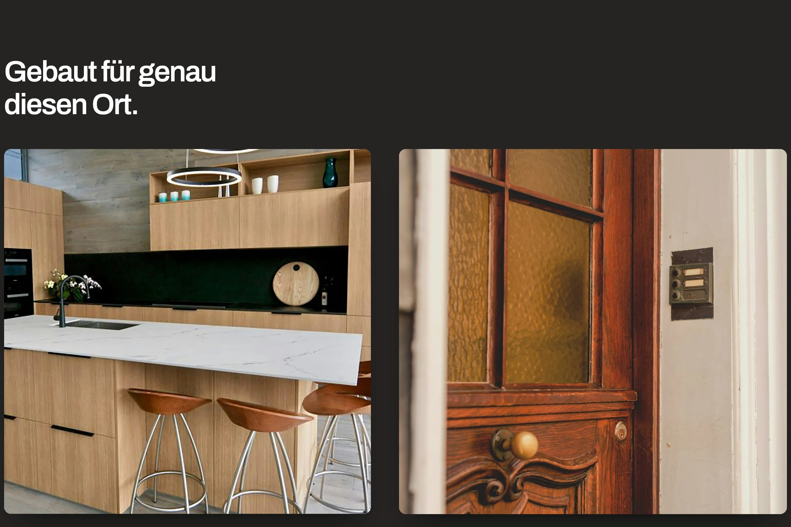 Beispielwebsite der fiktiven Schreinerei Musterholz: Überschrift „Gebaut für genau diesen Ort.“ über den Fotos einer Einbauküche in Eiche und einer Haustür aus Holz.