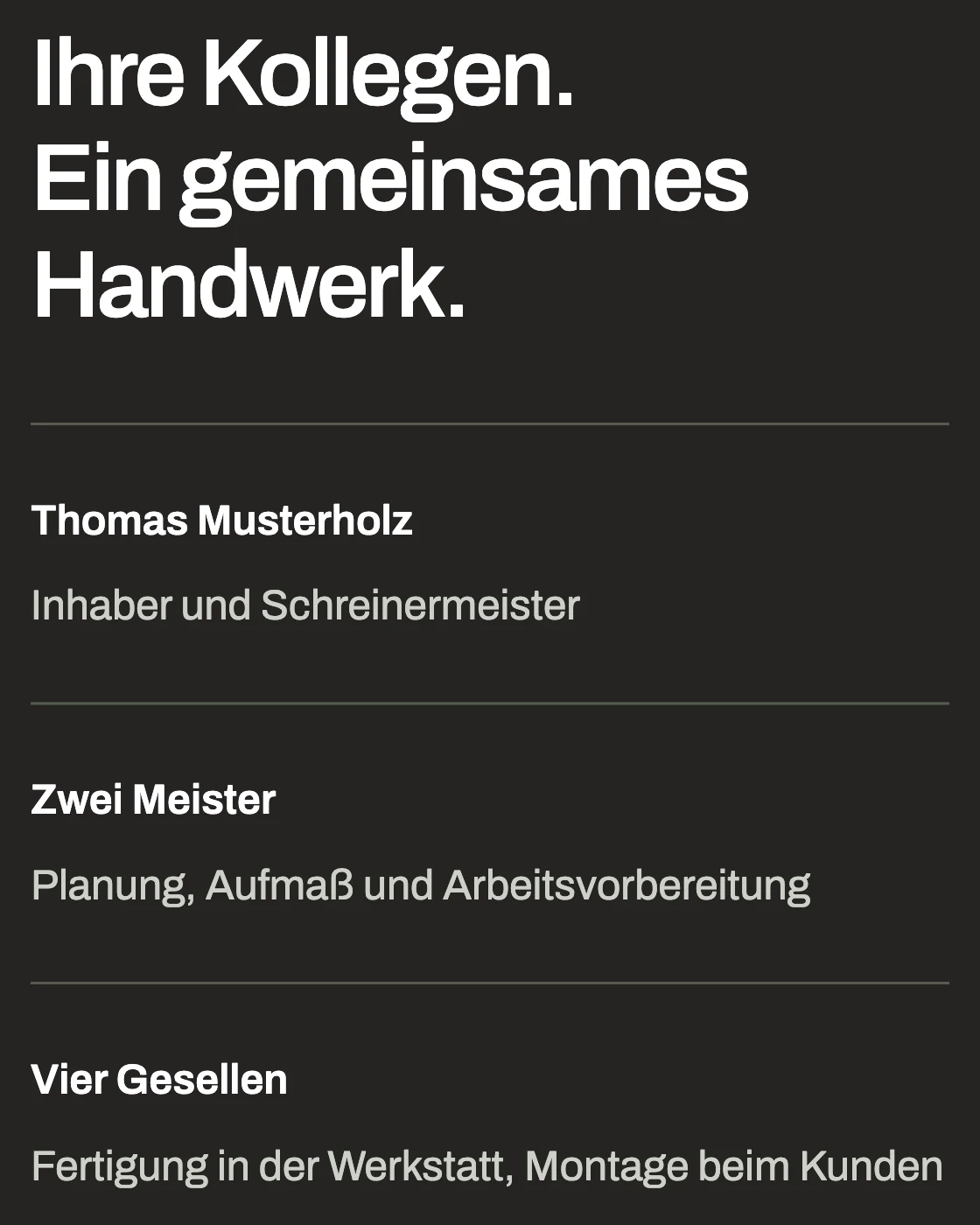 Beispielwebsite der fiktiven Schreinerei Musterholz, Seite für Bewerber: „Ihre Kollegen. Ein gemeinsames Handwerk.“ mit Inhaber Thomas Musterholz, zwei Meistern und vier Gesellen.