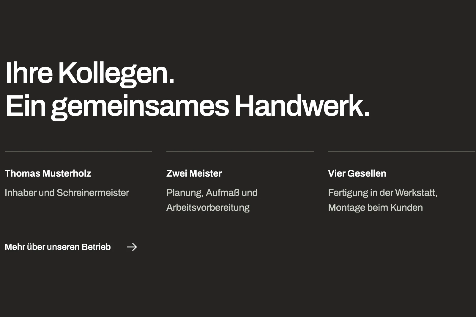 Beispielwebsite der fiktiven Schreinerei Musterholz, Seite für Bewerber: „Ihre Kollegen. Ein gemeinsames Handwerk.“ mit Inhaber Thomas Musterholz, zwei Meistern und vier Gesellen.
