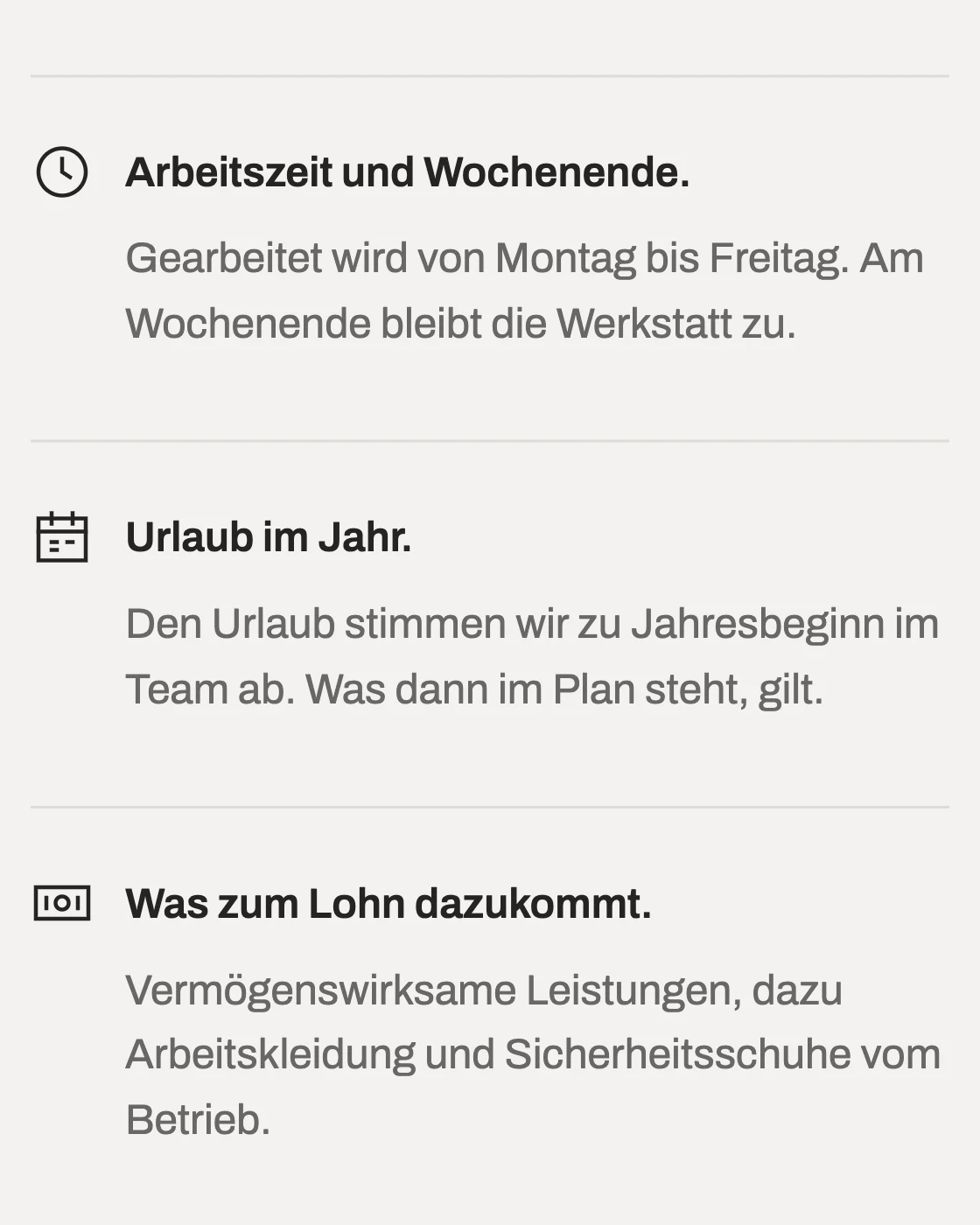Beispielwebsite der fiktiven Schreinerei Musterholz, Stellenseite, Abschnitt „Der Rahmen für Ihre Arbeit.“: Arbeitszeit und Wochenende, Urlaub im Jahr, Was zum Lohn dazukommt, je mit Symbol.