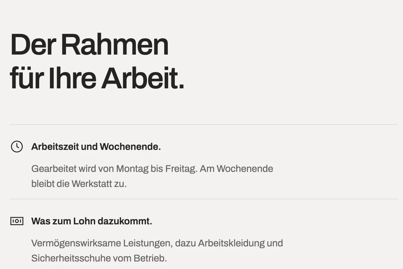 Beispielwebsite der fiktiven Schreinerei Musterholz, Stellenseite: „Der Rahmen für Ihre Arbeit.“ mit Arbeitszeit und Wochenende und Was zum Lohn dazukommt, je mit Symbol.